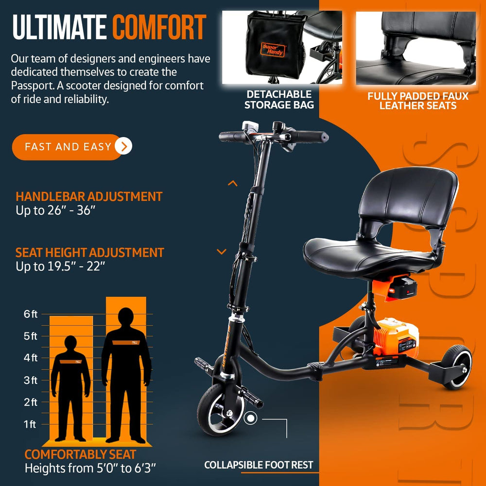 Super Handy GUT112 Passport 3 Wheeled Lightweight Long Range Folding Mobility Scooter New