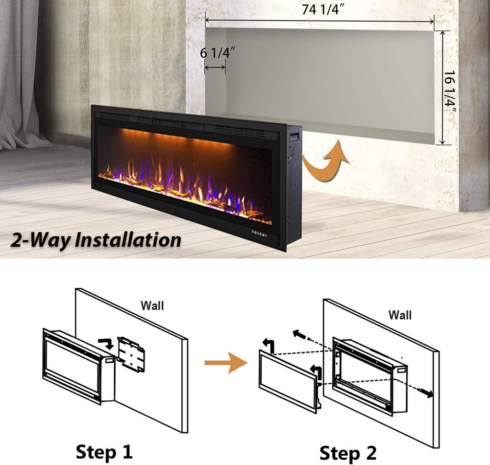 Valuxhome BI74 74 in. 750/1500W Recessed and Wall Mounted Electric Fireplace with Remote LED Lights Logs and Crystals Black New