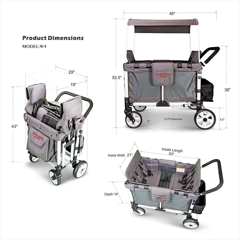 WonderFold Baby Multi-Function Folding Quad Stroller Wagon with Removable Canopy and Seats Gray Used