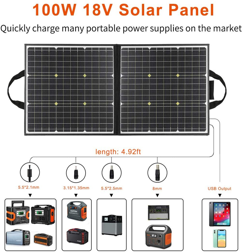 Flashfish 100W 18V Portable Foldable Solar Panel With 5V USB 18V DC Output Compatible With Portable Generators, Smartphones, Tablets And More New