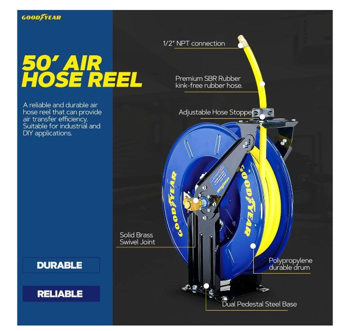 Goodyear Industrial Retractable Air Hose Reel Dual Arm 1/2" x 50' 300 PSI 1/2" NPT L820154G New