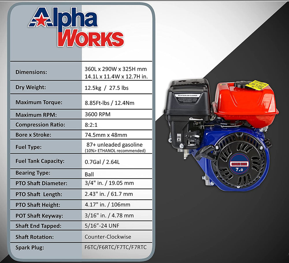 Alpha Works GUT031 4 Stroke 7HP Recoil Start 3600RPM Horizontal Motor Gas Engine New