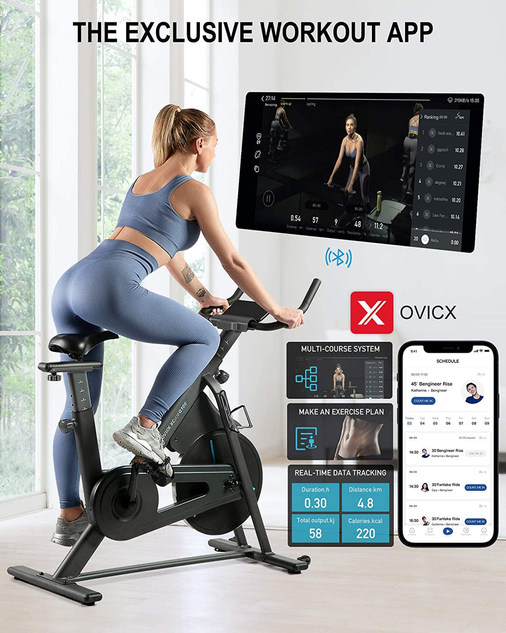 OVICX OS-EBIKE-Q100-B Magnetic Resistance Stationary Exercise Bike With Bluetooth Connectivity New