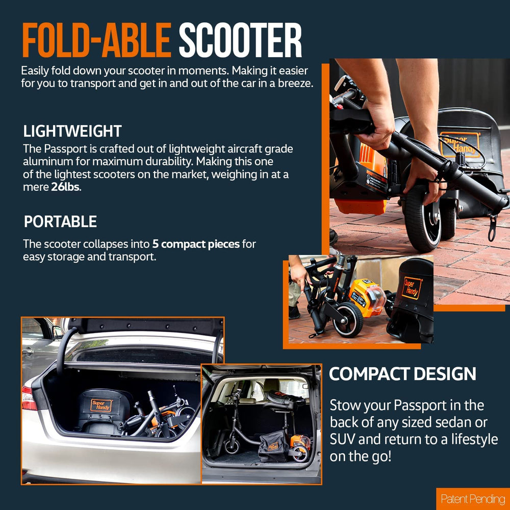 Super Handy GUT112 Passport 3 Wheeled Lightweight Long Range Folding Mobility Scooter New