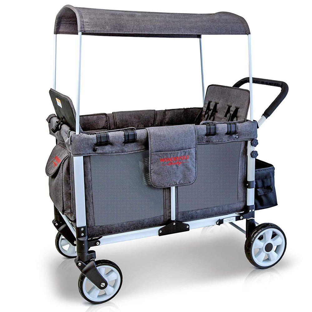 WonderFold Baby Multi-Function Folding Quad Stroller Wagon with Removable Canopy and Seats Gray Used