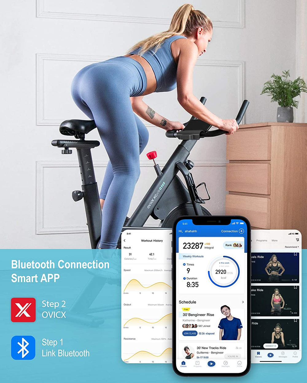 OVICX OS-EBIKE-Q100-B Magnetic Resistance Stationary Exercise Bike With Bluetooth Connectivity New