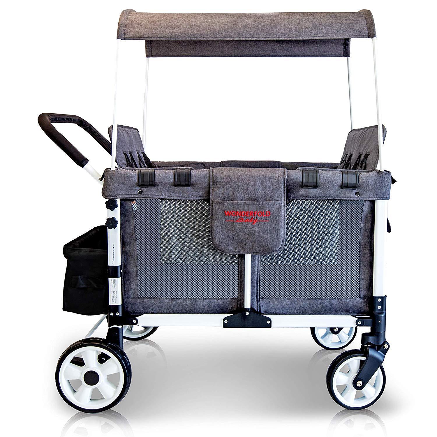 WonderFold Baby Multi-Function Folding Quad Stroller Wagon with Removable Canopy and Seats Gray Used