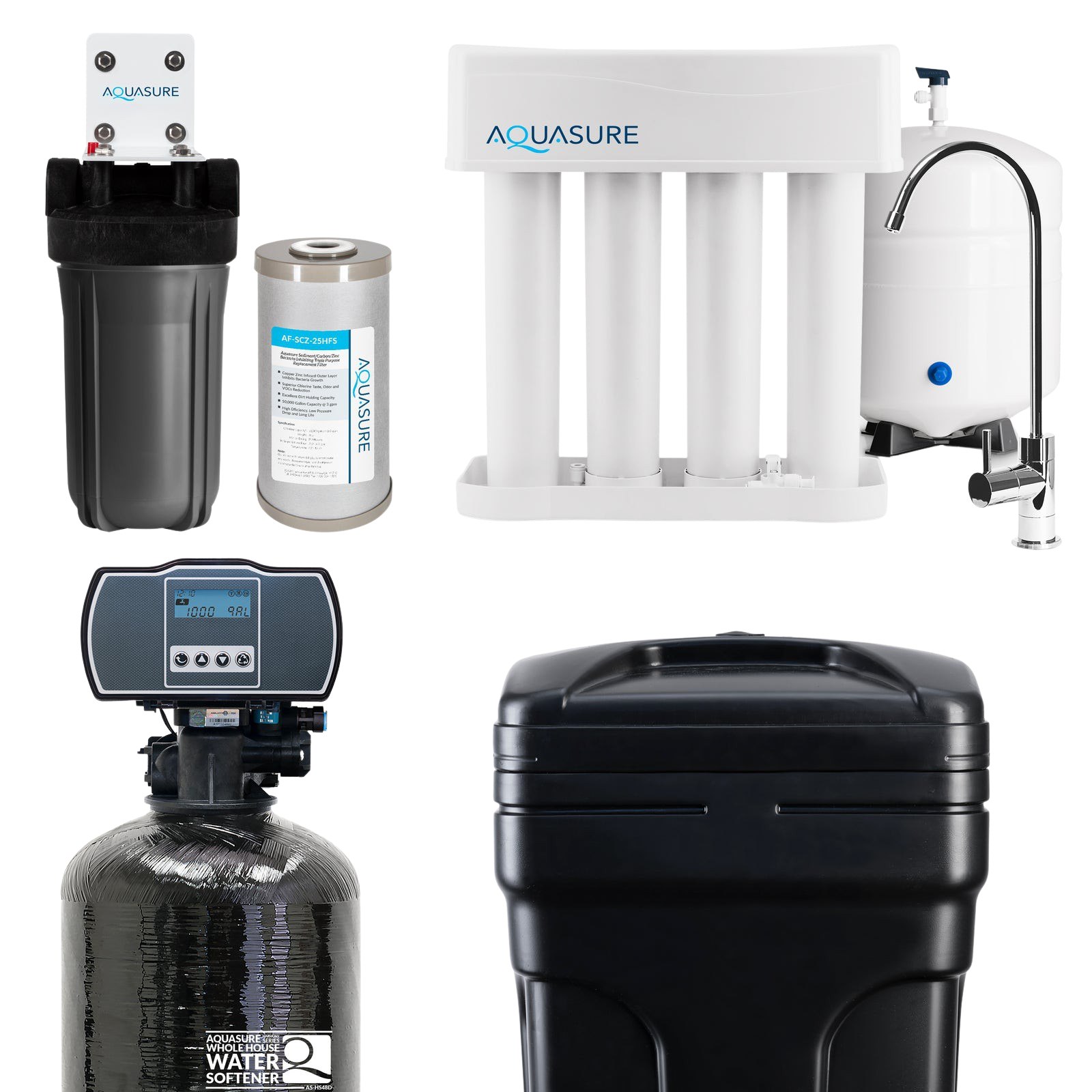 Aquasure AS-WHF48D Whole House Filtration with 48,000 Grain Water Softener Reverse Osmosis System and Sediment-GAC Pre-filter Bundle New