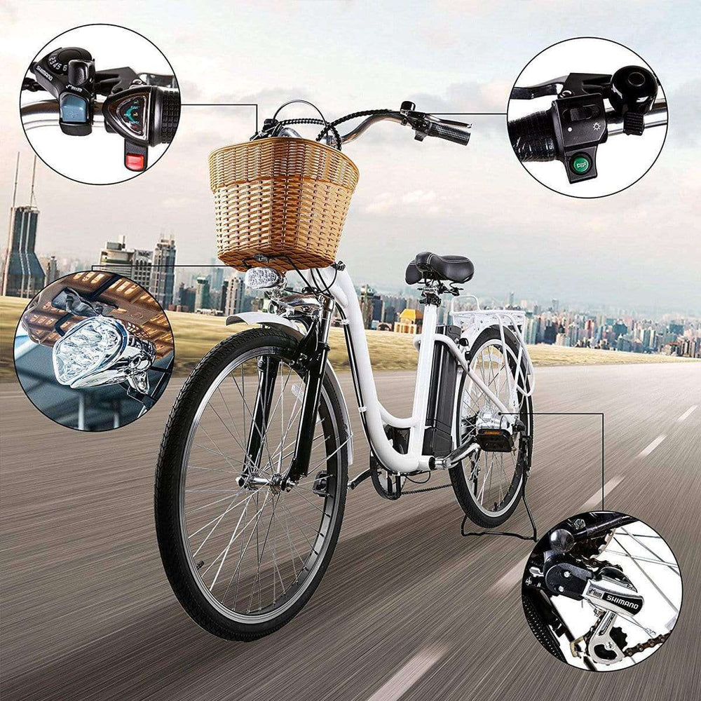 NAKTO 26 inch 250W Motor with Peak 350W 19 MPH Camel Electric Bicycle 6 Speed E-Bike 36V Lithium Battery Female/Young Adult White New