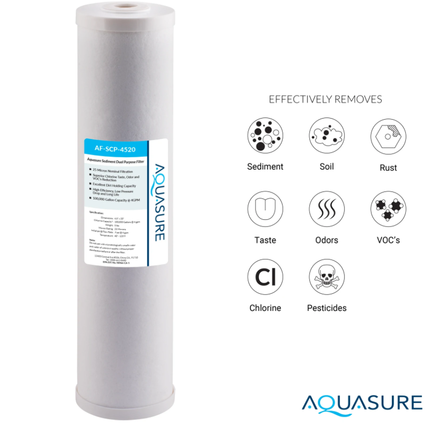 Aquasure AS-F120SCP Fortitude V Series 20 Inch High Flow Whole House Sediment And Carbon Dual Purpose Water Filter New