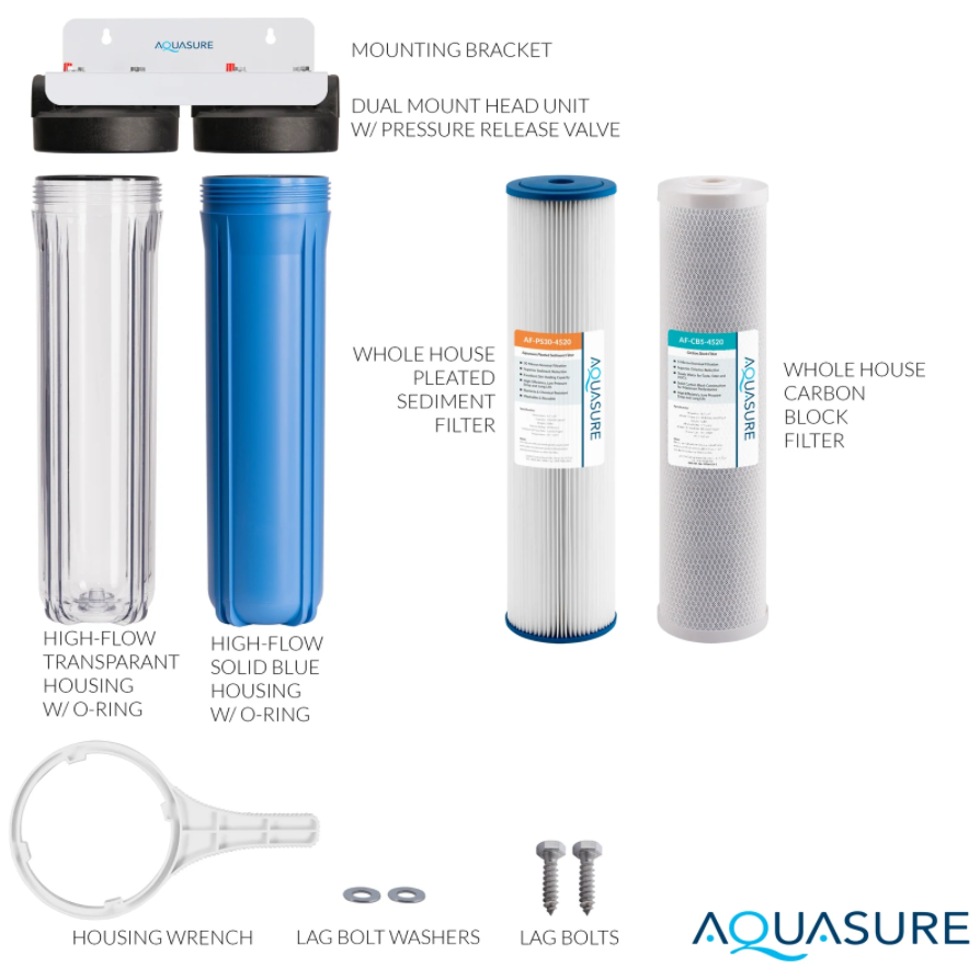 Aquasure AS-F220PSCB Fortitude V Series 20 Inch 2 Stage Whole House Water Filter With Sediment And Carbon New