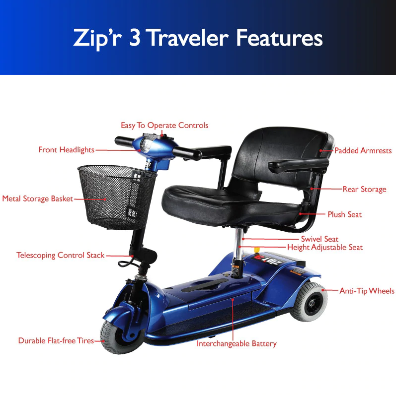 Zip'r 3-Wheel Travel Mobility Scooter Blue Open Box