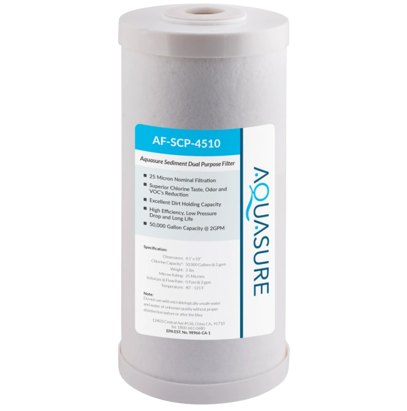 Aquasure AF-SCP-4510 Fortitude V Series 10 Inch High-Capacity 25 Micron Dual-Purpose Sediment and Carbon Filter New