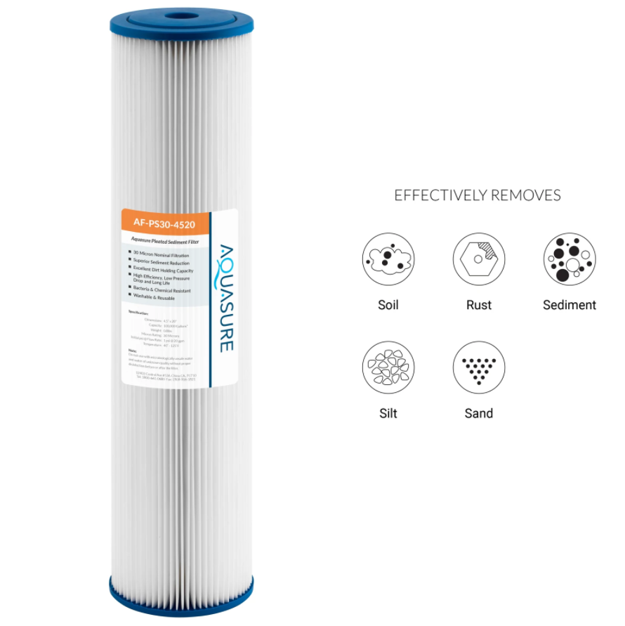 Aquasure AF-PS30-4520 Fortitude V Series 20 Inch High Flow 30 Micron Pleated Sediment Filter New