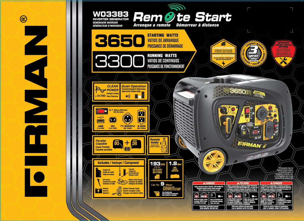 Firman W03383F 3300W/3600W Gas Remote Start Inverter Generator Manufacturer RFB