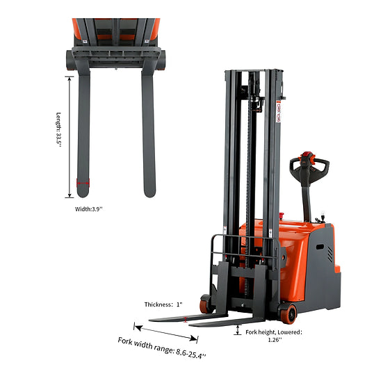 Tory Carrier NAT11W-118 Counterbalanced Electric Stacker Straddle Legs with Adjustable Forks 1212 lbs. Capacity 118" Lifting Height New