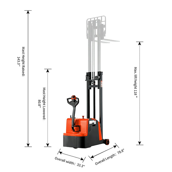 Tory Carrier NAT11W-118 Counterbalanced Electric Stacker Straddle Legs with Adjustable Forks 1212 lbs. Capacity 118" Lifting Height New