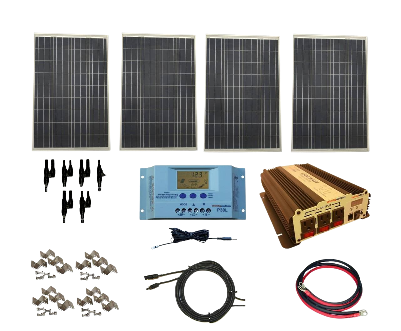 WindyNation SOK-400WPI-15 Complete 400 Watt Solar Panel Kit with VertaMax Power Inverter for 12 Volt Battery Systems New