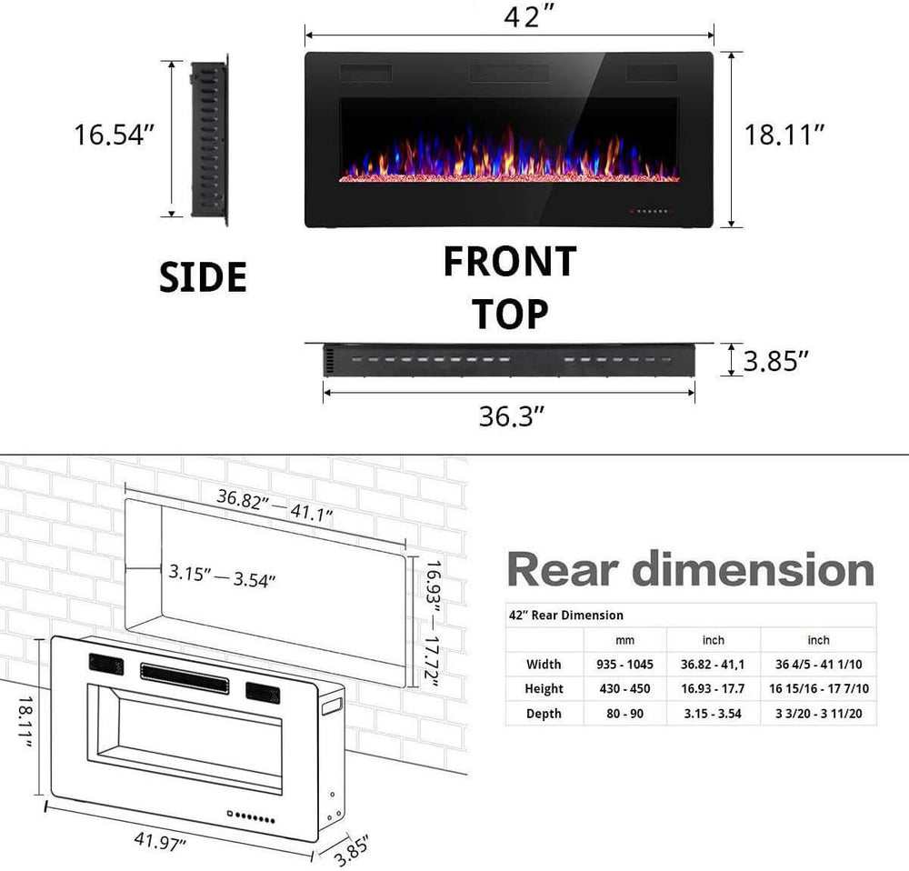 RW Flame 842C 750W-1500W 42 Inch Recessed and Wall Mounted Electric Fireplace With Remote Control Black New