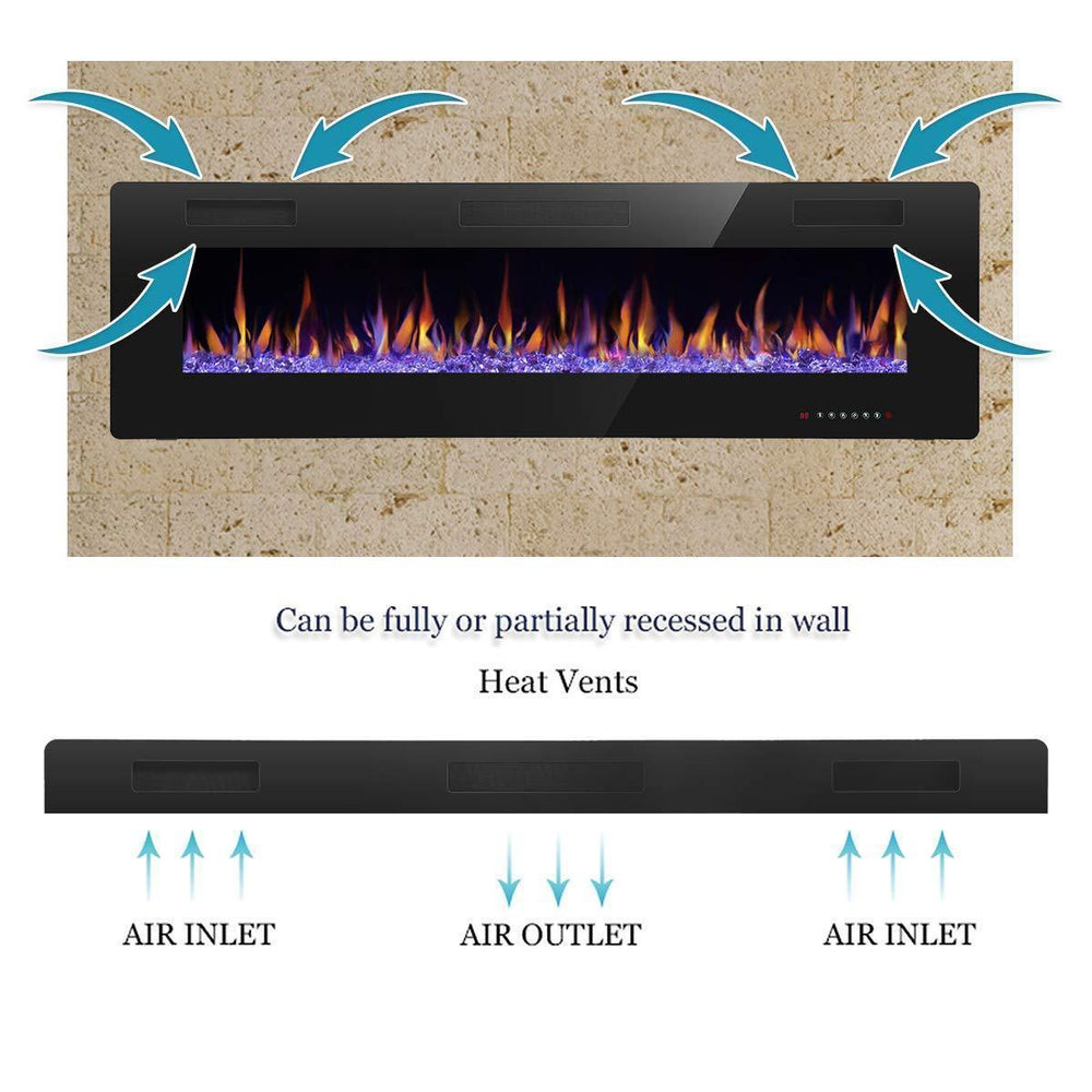 RW Flame 860C 750W-1500W 60 Inch Recessed and Wall Mounted Electric Fireplace With Remote Control Black New
