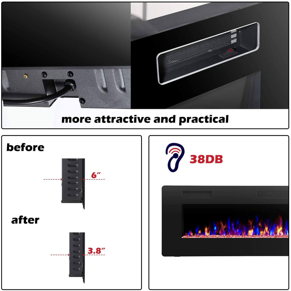 RW Flame 860C 750W-1500W 60 Inch Recessed and Wall Mounted Electric Fireplace With Remote Control Black New