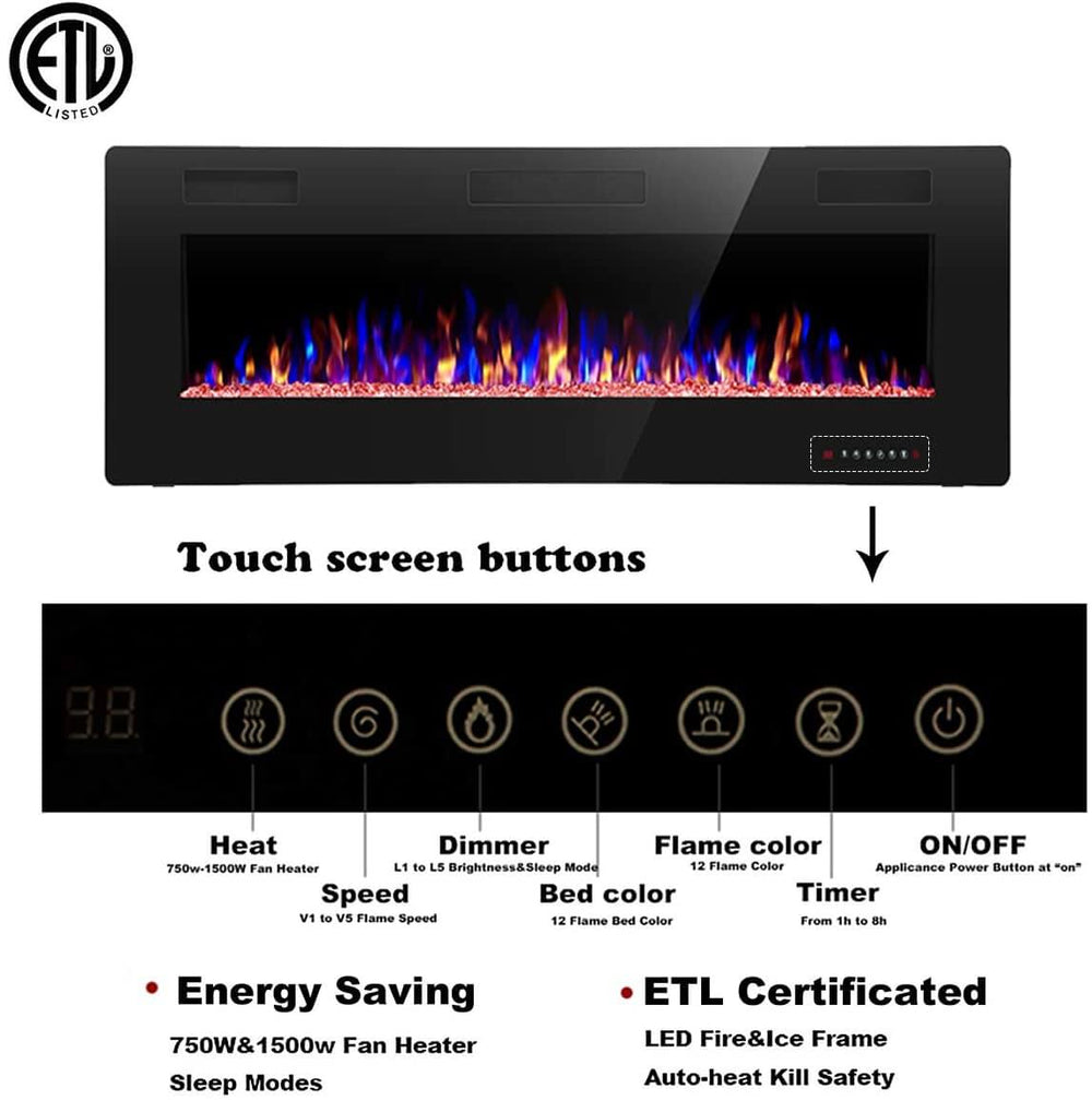 RW Flame 842C 750W-1500W 42 Inch Recessed and Wall Mounted Electric Fireplace With Remote Control Black New