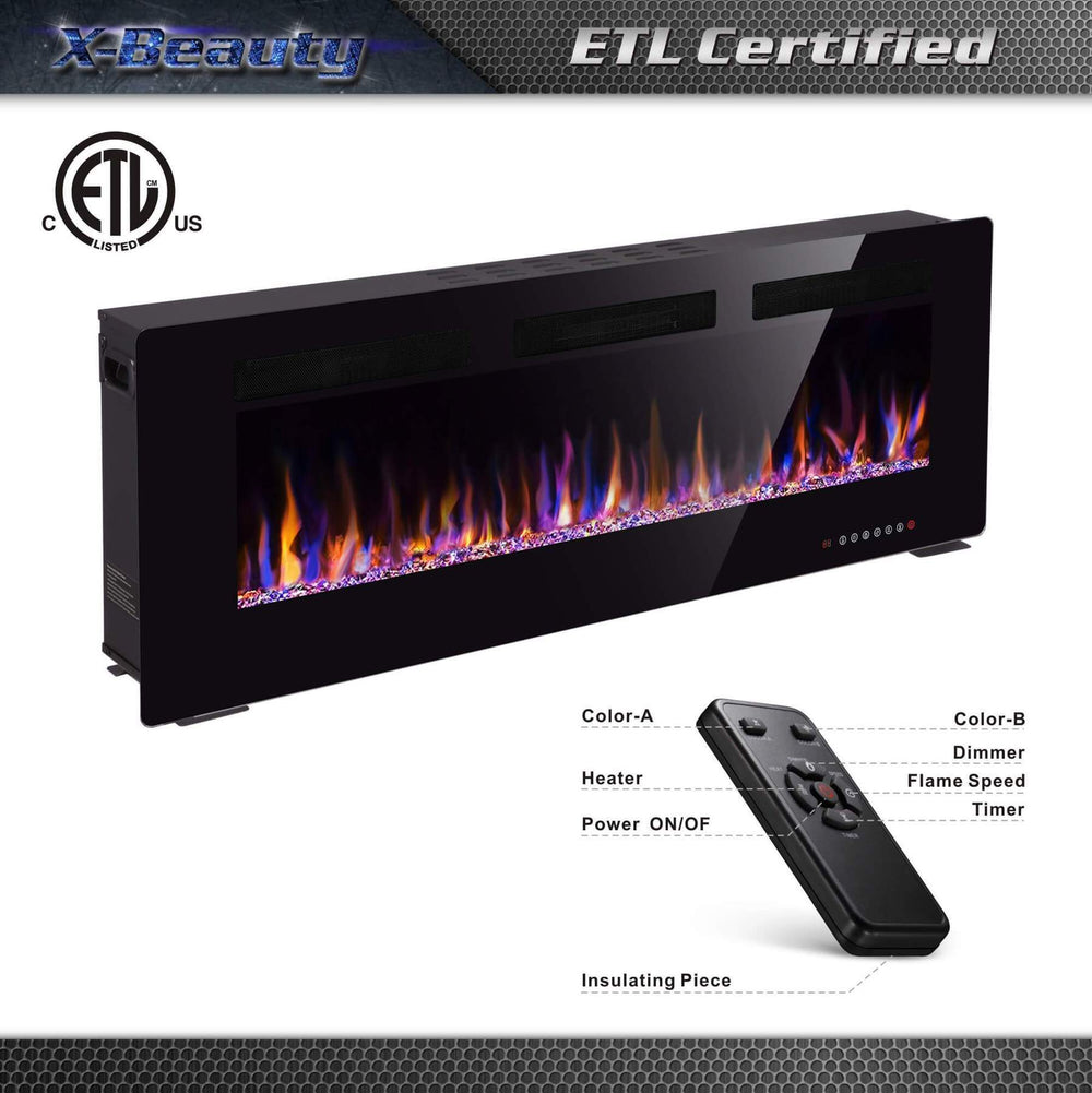 RW Flame 860C 750W-1500W 60 Inch Recessed and Wall Mounted Electric Fireplace With Remote Control Black New
