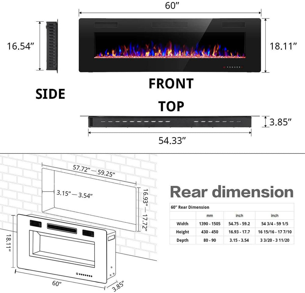 RW Flame 860C 750W-1500W 60 Inch Recessed and Wall Mounted Electric Fireplace With Remote Control Black New