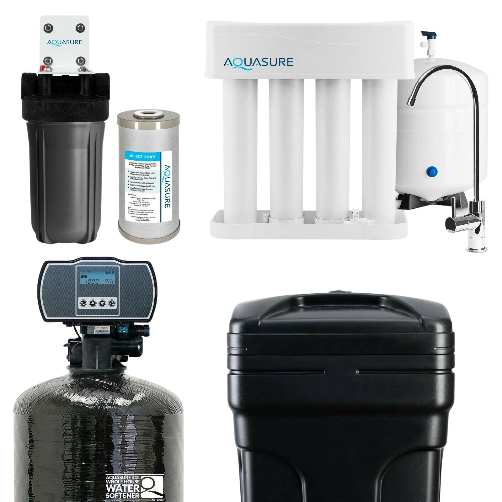 Aquasure AS-WHF64D Whole House Filtration with 64,000 Grain Water Softener Reverse Osmosis System and Sediment-GAC Pre-filter Bundle New