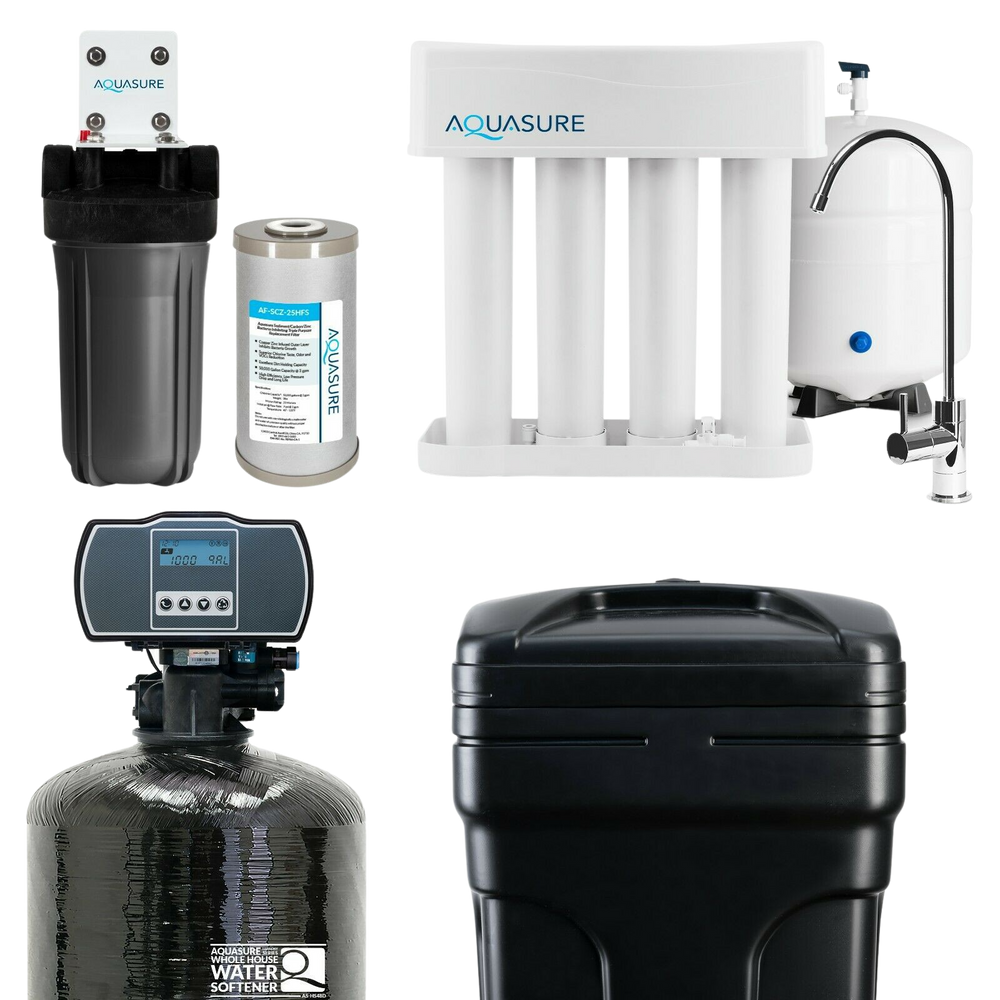 Aquasure AS-WHF64D Whole House Filtration with 64,000 Grain Water Softener Reverse Osmosis System and Sediment-GAC Pre-filter Bundle New