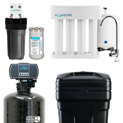 Aquasure AS-WHF64D Whole House Filtration with 64,000 Grain Water Softener Reverse Osmosis System and Sediment-GAC Pre-filter Bundle New