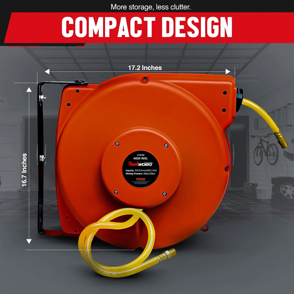 ReelWorks L715153A 300 PSI 3/8" x 50' 1/4" NPT Connections Mountable Retractable Air Hose New