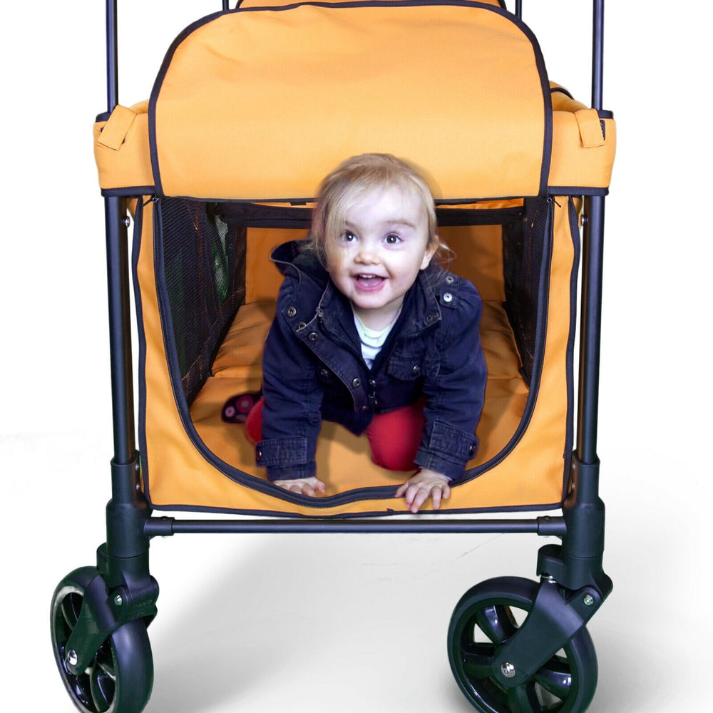 WonderFold Baby W4 Multi-Function Folding Quad Stroller Wagon with Removable Canopy and Seats Orange New