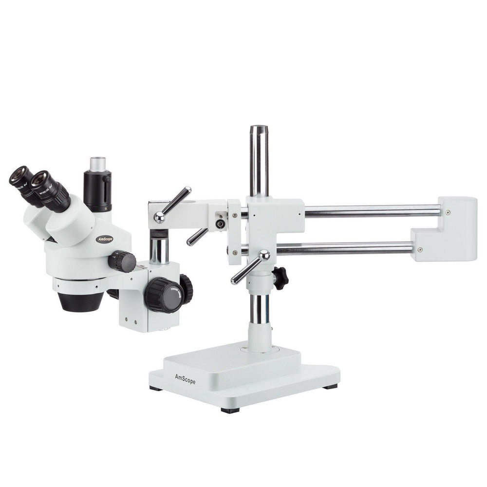 Amscope SM-4T 7X - 45X Trinocular Stereo Zoom Microscope with Double Arm Boom Stand New