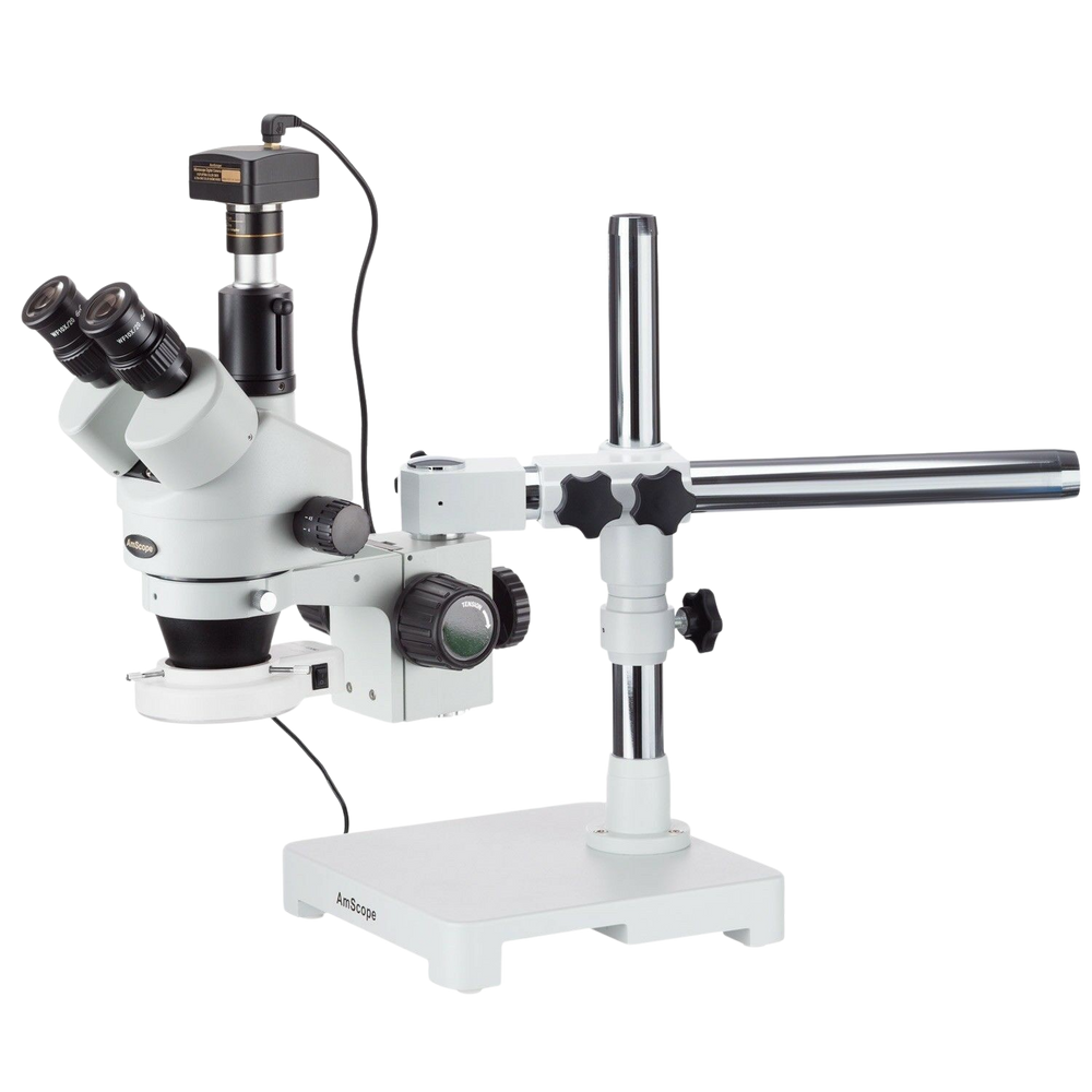 Amscope SM-3T-54S-5M 7X - 45X Trinocular LED Boom Stand Stereo Zoom Microscope Plus 5MP Camera New